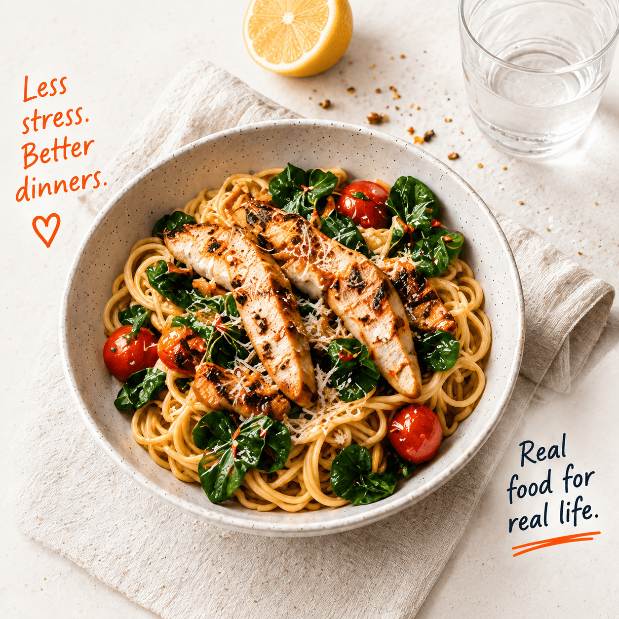 A bowl of chicken pasta with spinach and cherry tomatoes. Less stress. Better dinners. Real food for real life.