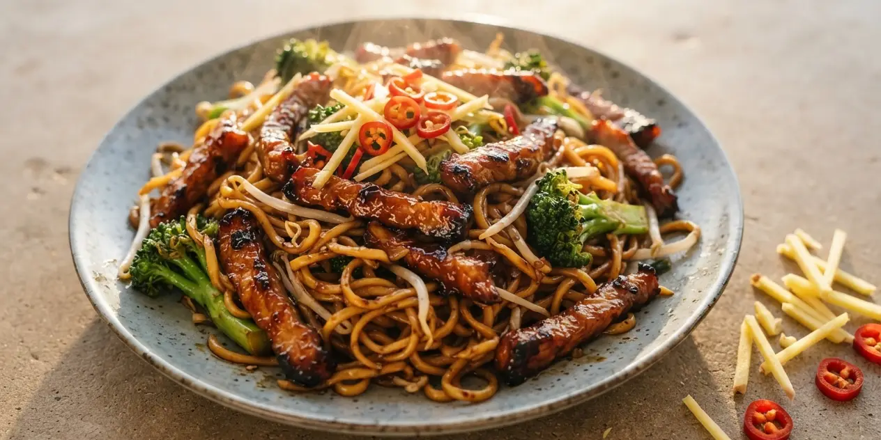 Five-spice pork & broccoli noodles